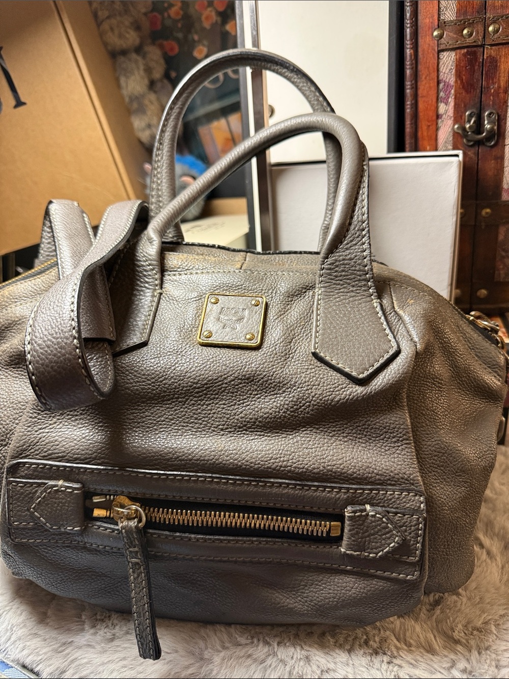 Gray MCM Leather Satchel Handbag - Designer Style